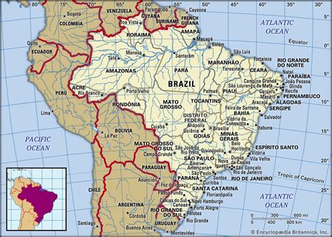 Map of Brazil on the world map